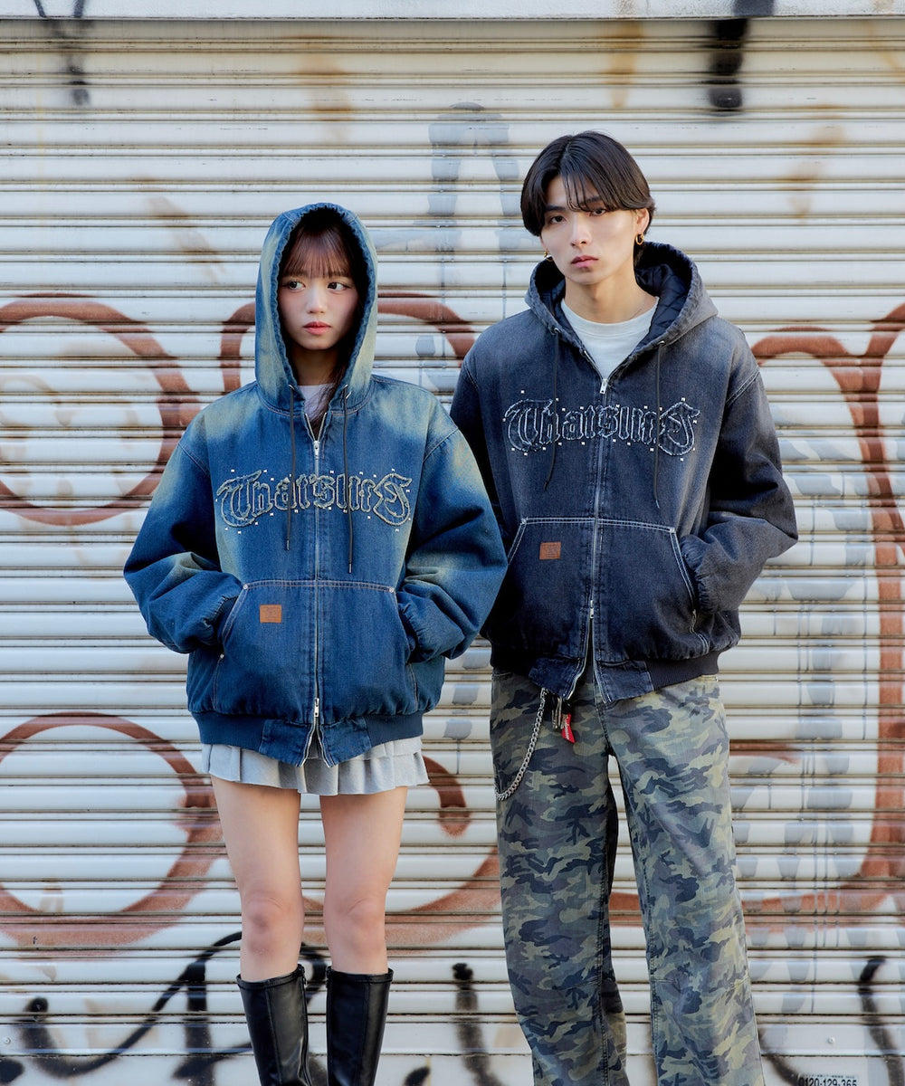 Vintage styles Front logo Denim zip hoodie