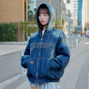 Vintage styles Front logo Denim zip hoodie