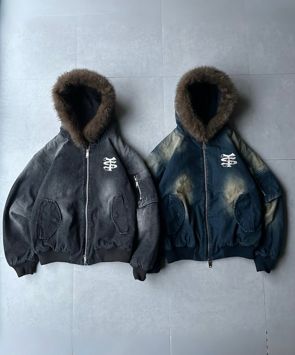 Vintage styles TS logo denim fur jacket