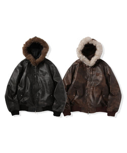 That's lifeブラウンファーボンバージャケット Faux Leather fur Heart logo hooded jacket – That's life online store