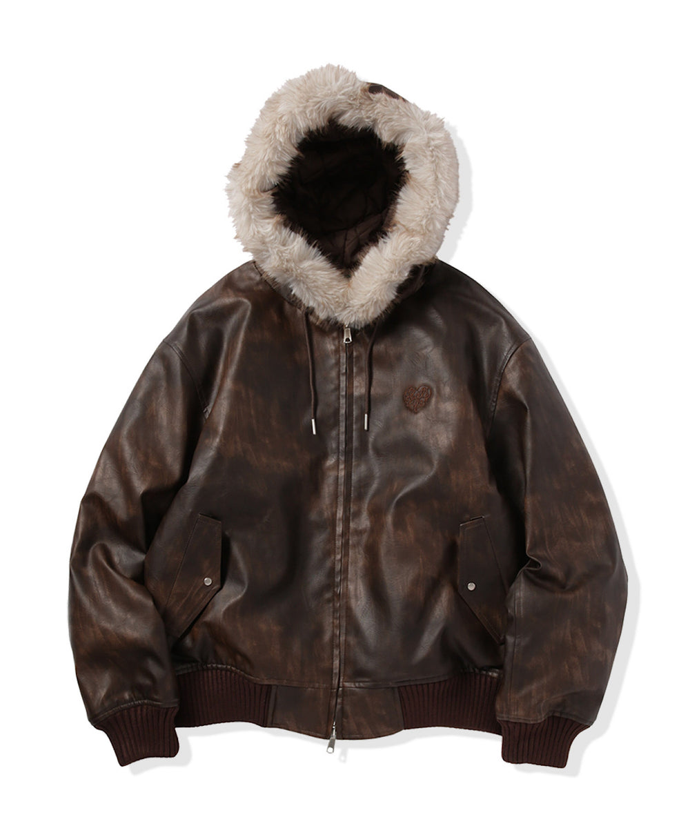 Faux Leather fur Heart logo hooded jacket