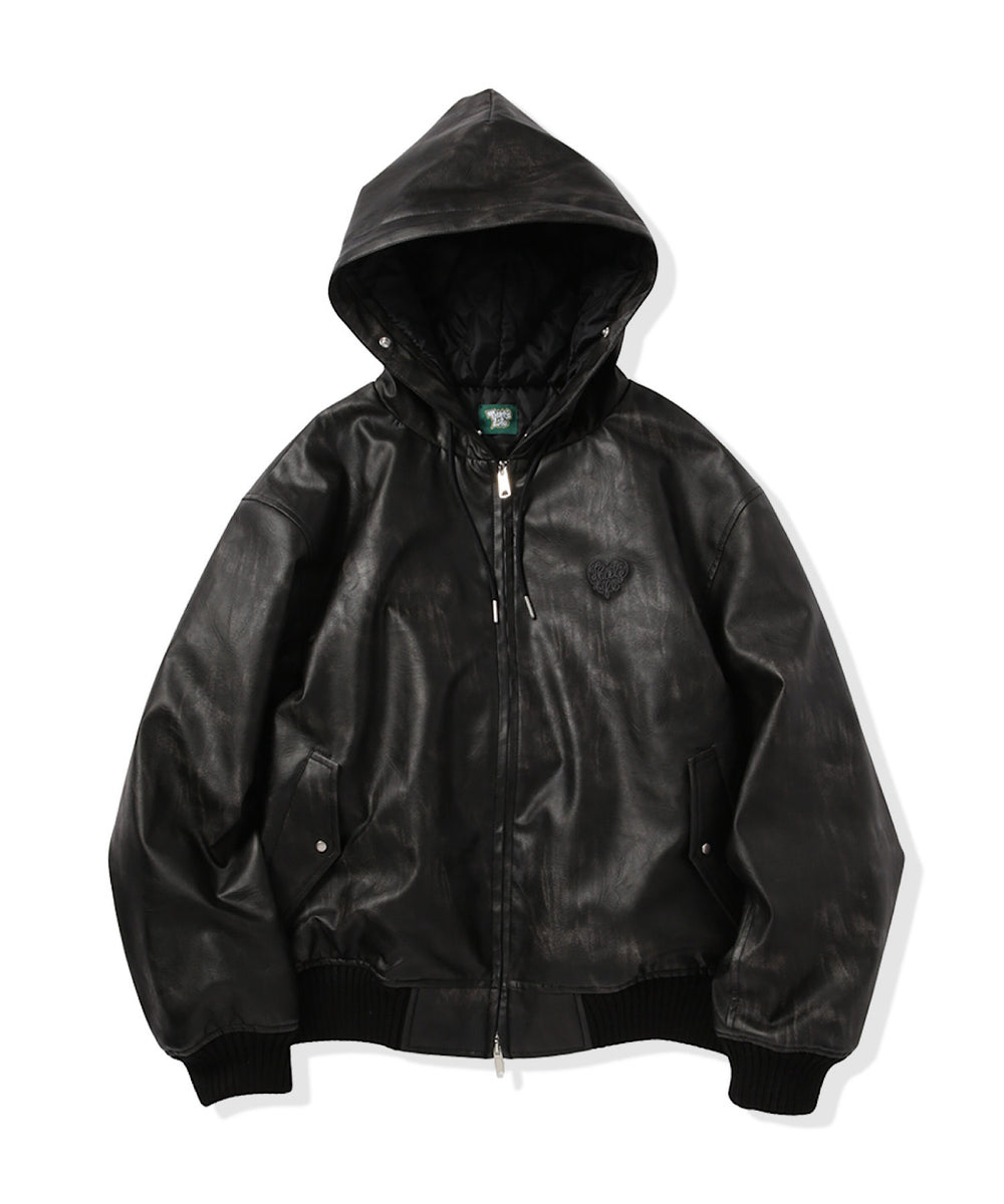 Faux Leather fur Heart logo hooded jacket