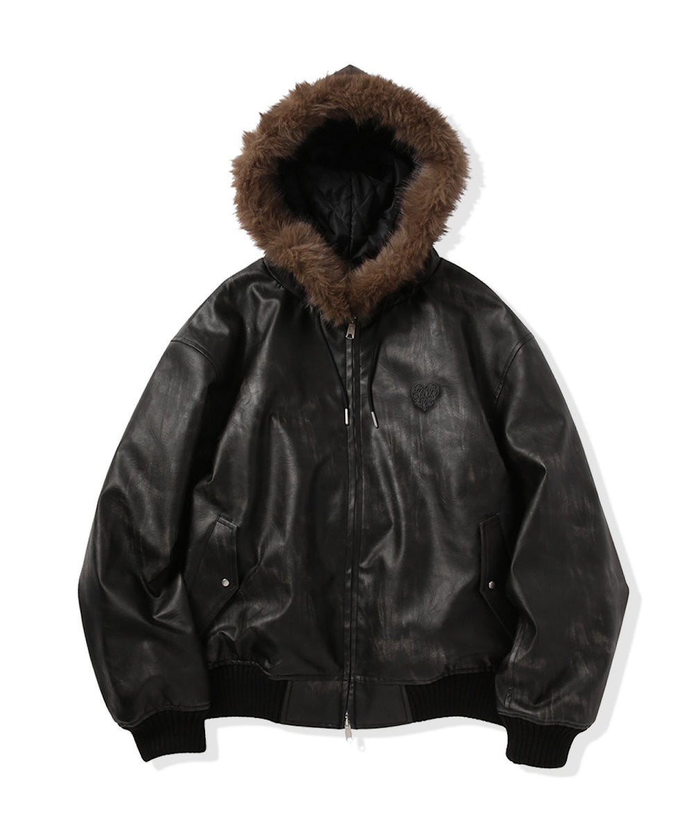 Faux Leather fur Heart logo hooded jacket