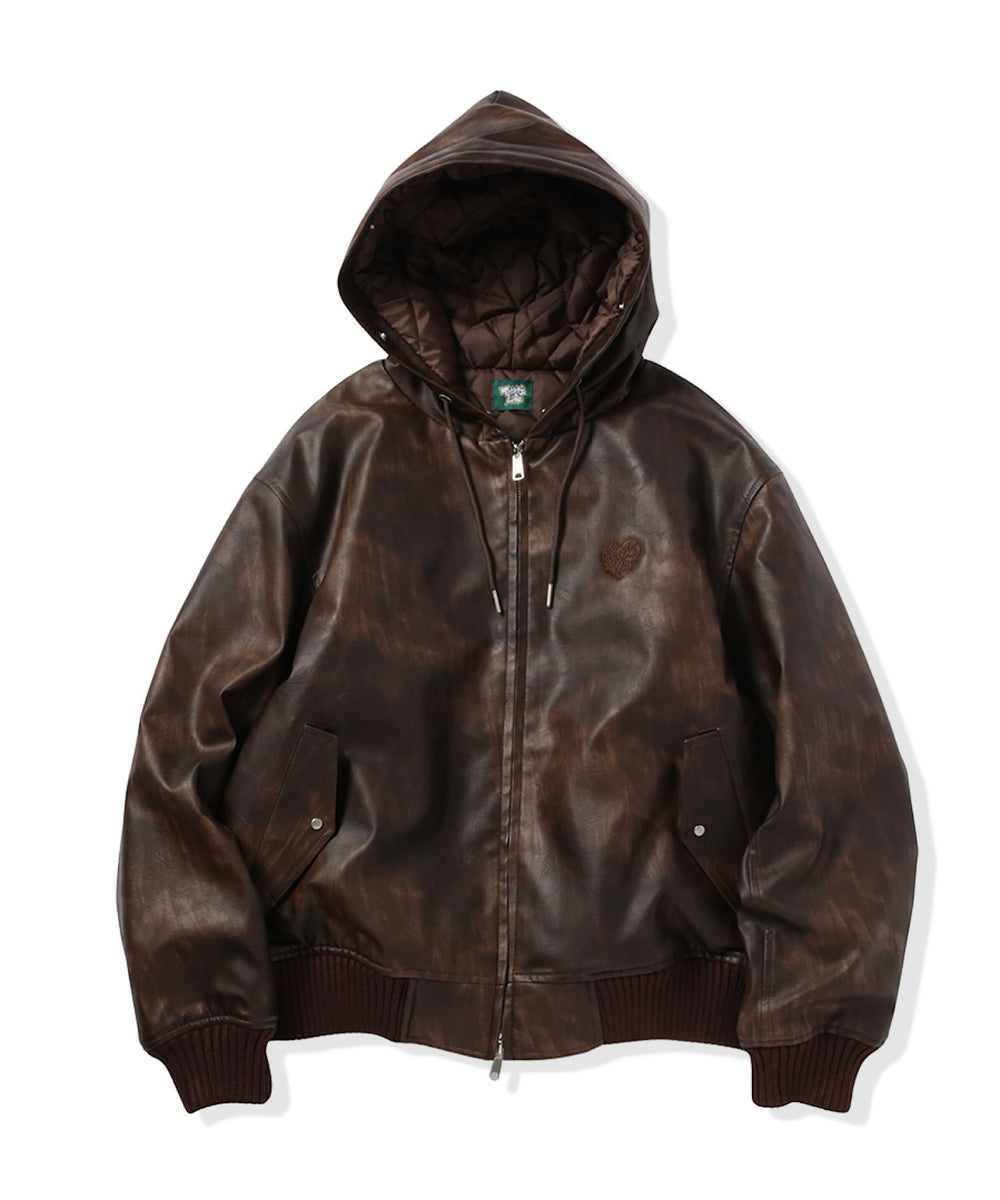 Faux Leather fur Heart logo hooded jacket