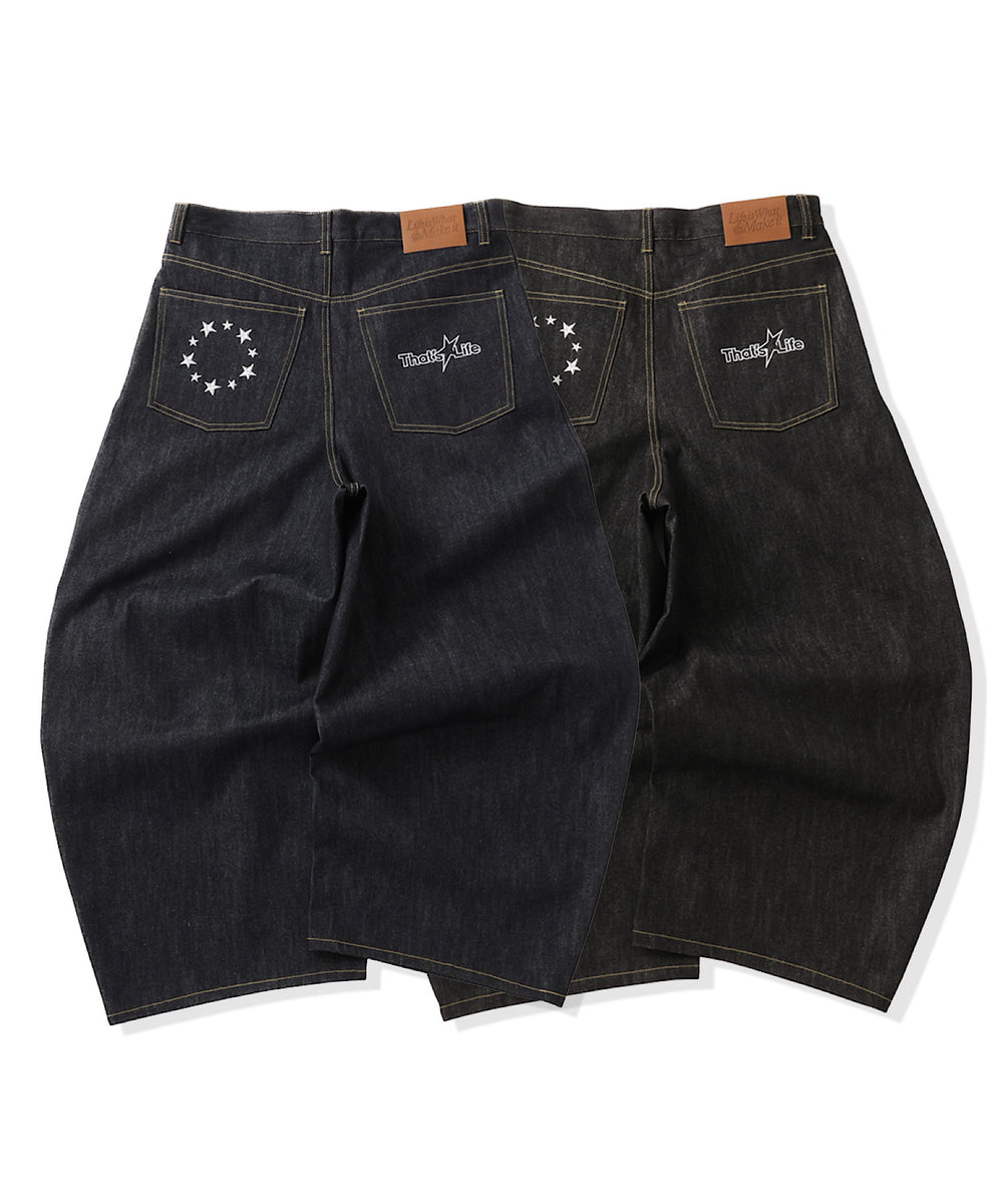 Star Embroidery Tuck Rigid Baggy Denim Pants