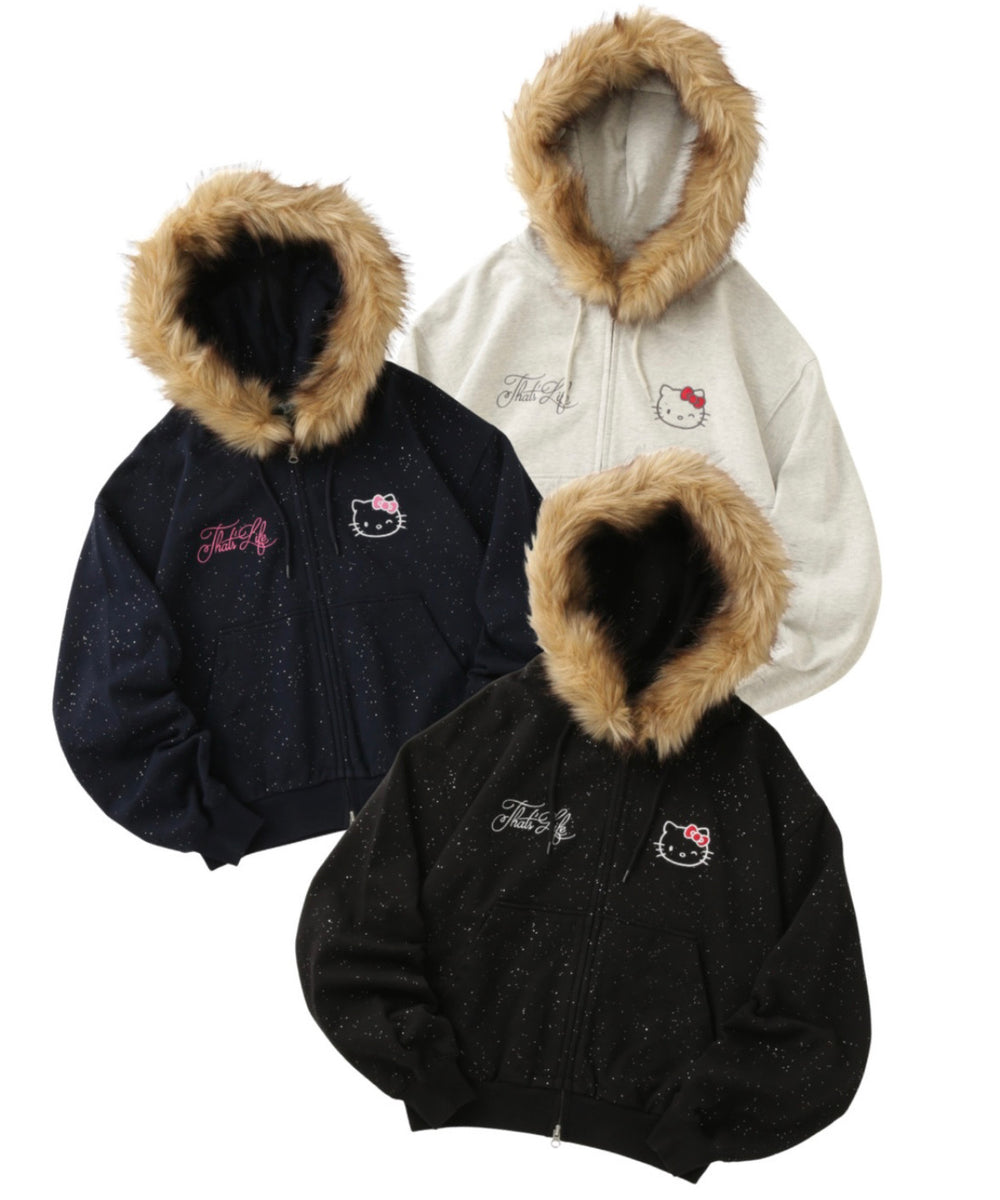 HELLO KITTY × Glitter Embroidery Fur zip hoodie