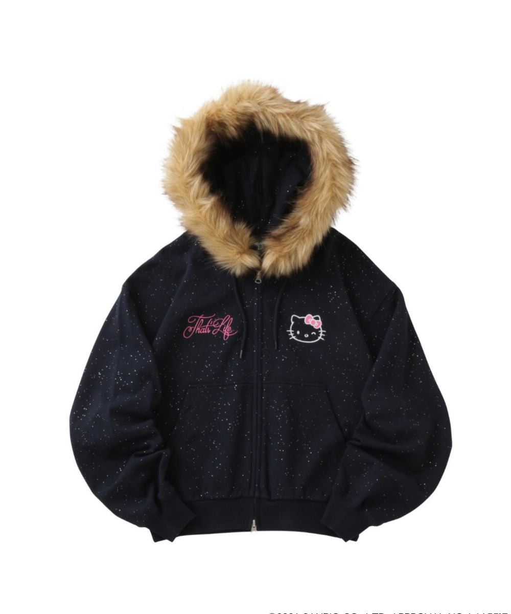 HELLO KITTY × Glitter Embroidery Fur zip hoodie
