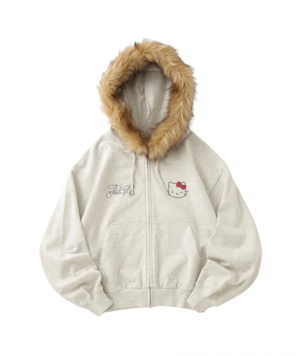 HELLO KITTY × Glitter Embroidery Fur zip hoodie