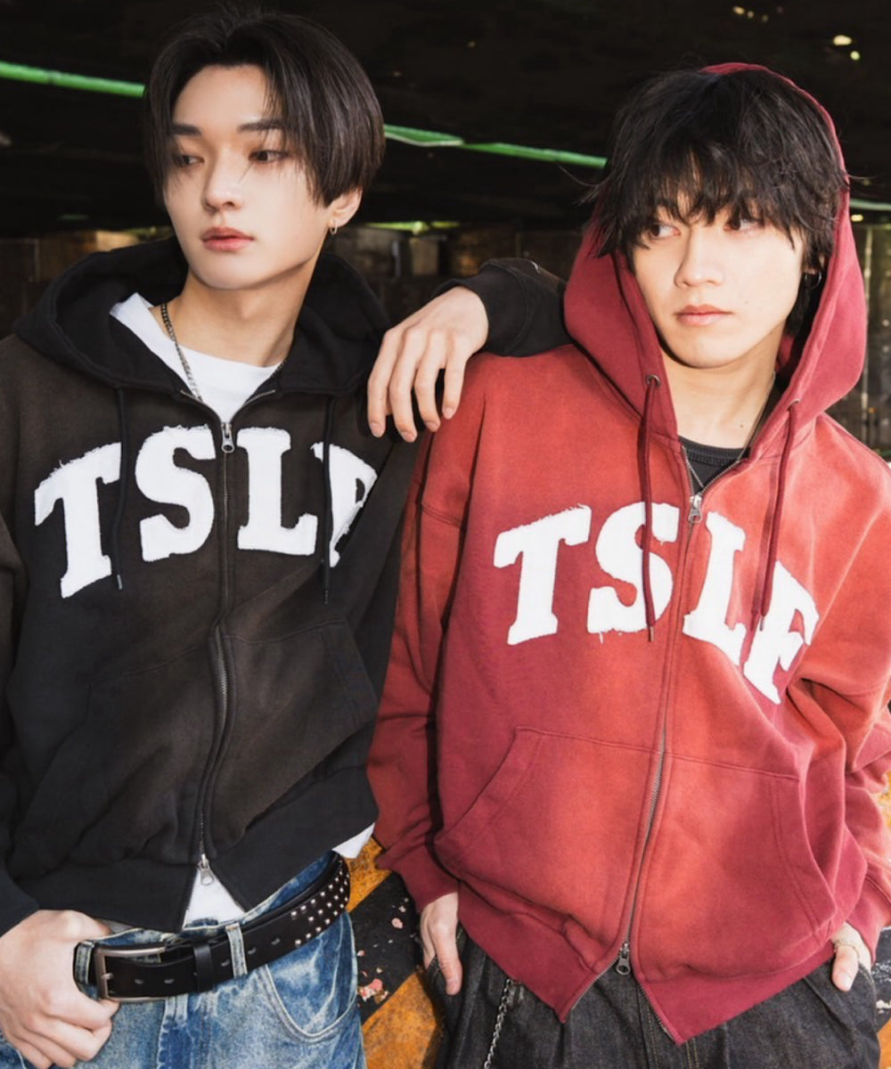 Vintage styles raw edge patchwork logo Zip Hoodie