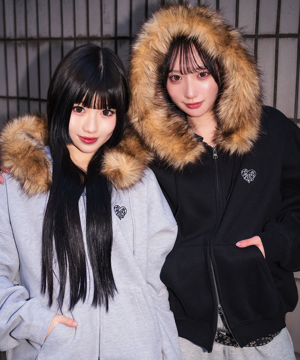 Heart logo Fur zip hoodie
