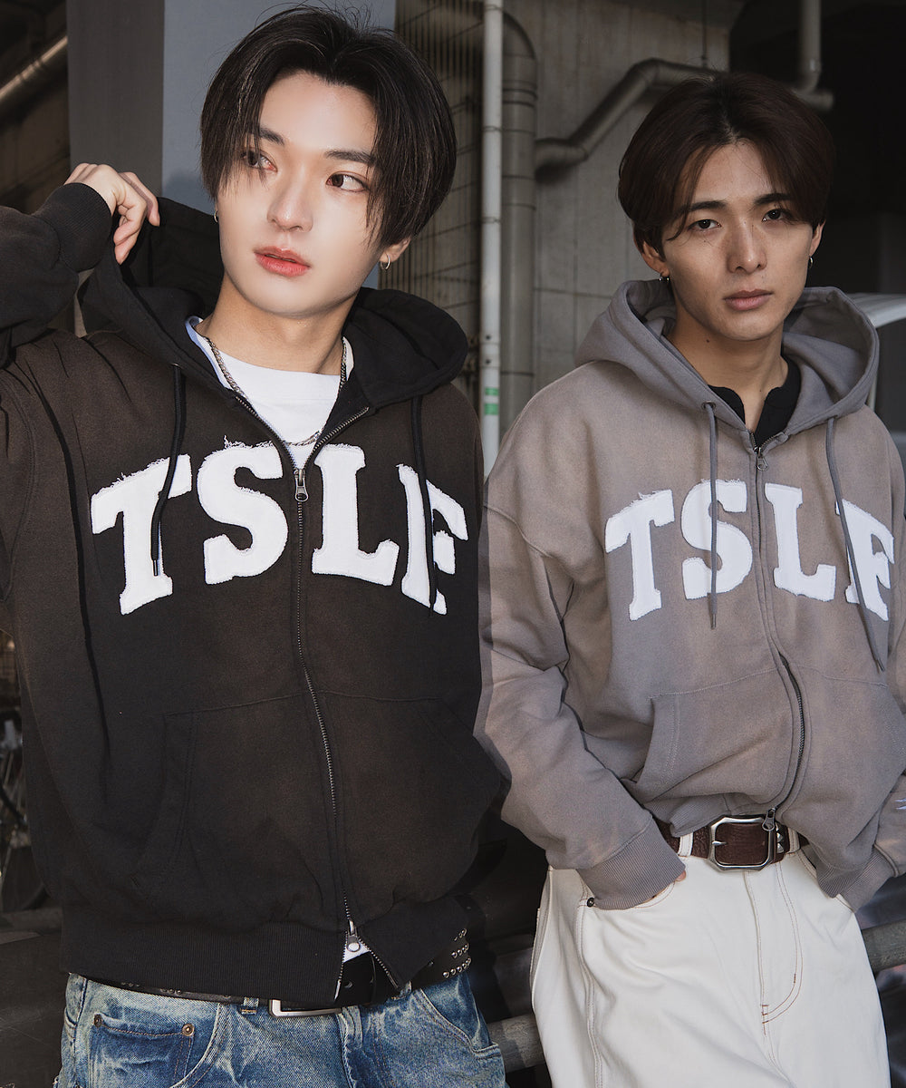 Vintage styles raw edge patchwork logo Zip Hoodie